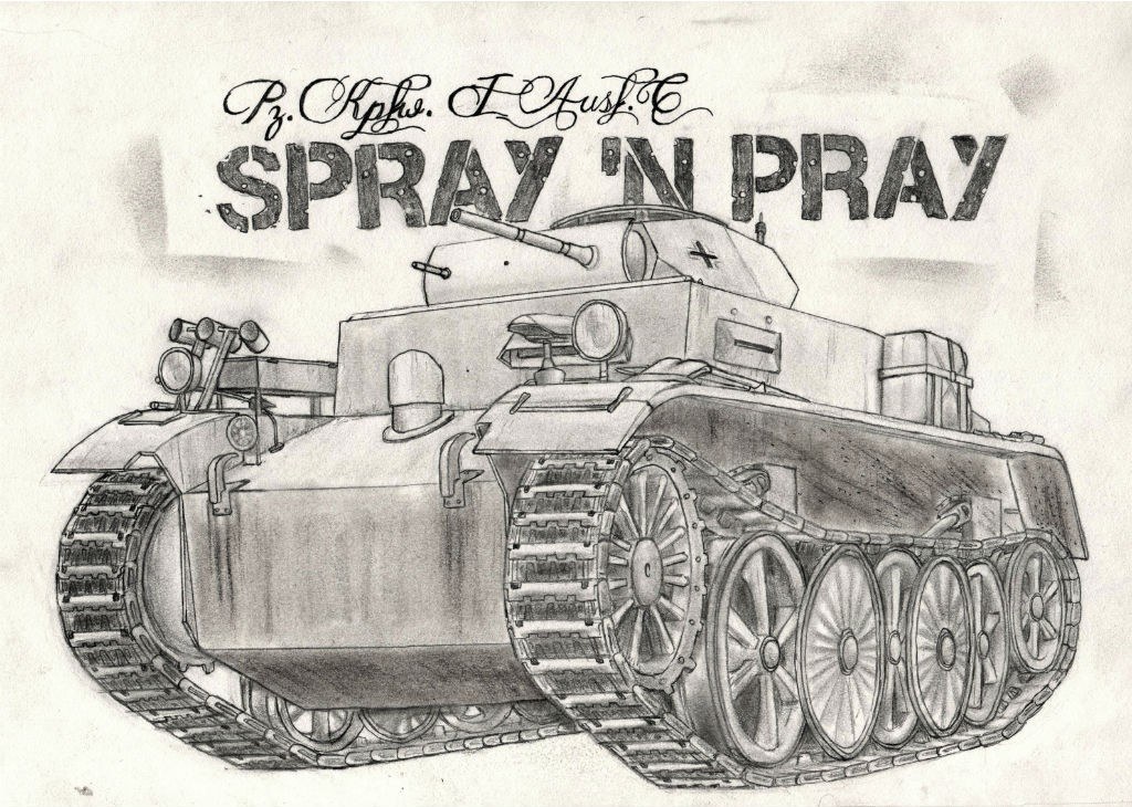 Tank drawing with spray n pray text
