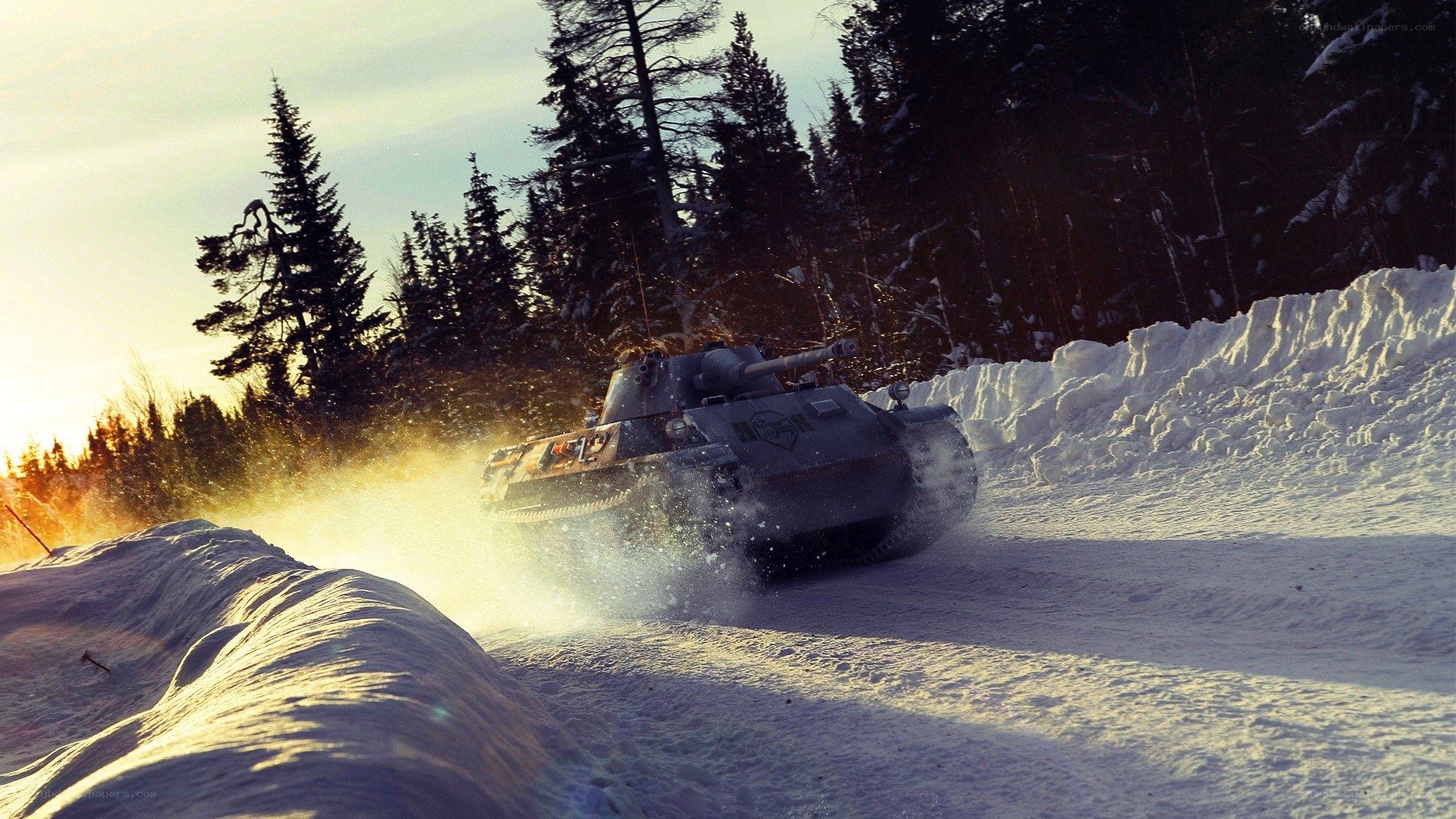 Tank driving in snowy forest