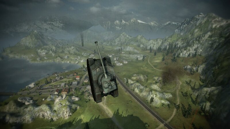 tank flying over mountain landscape