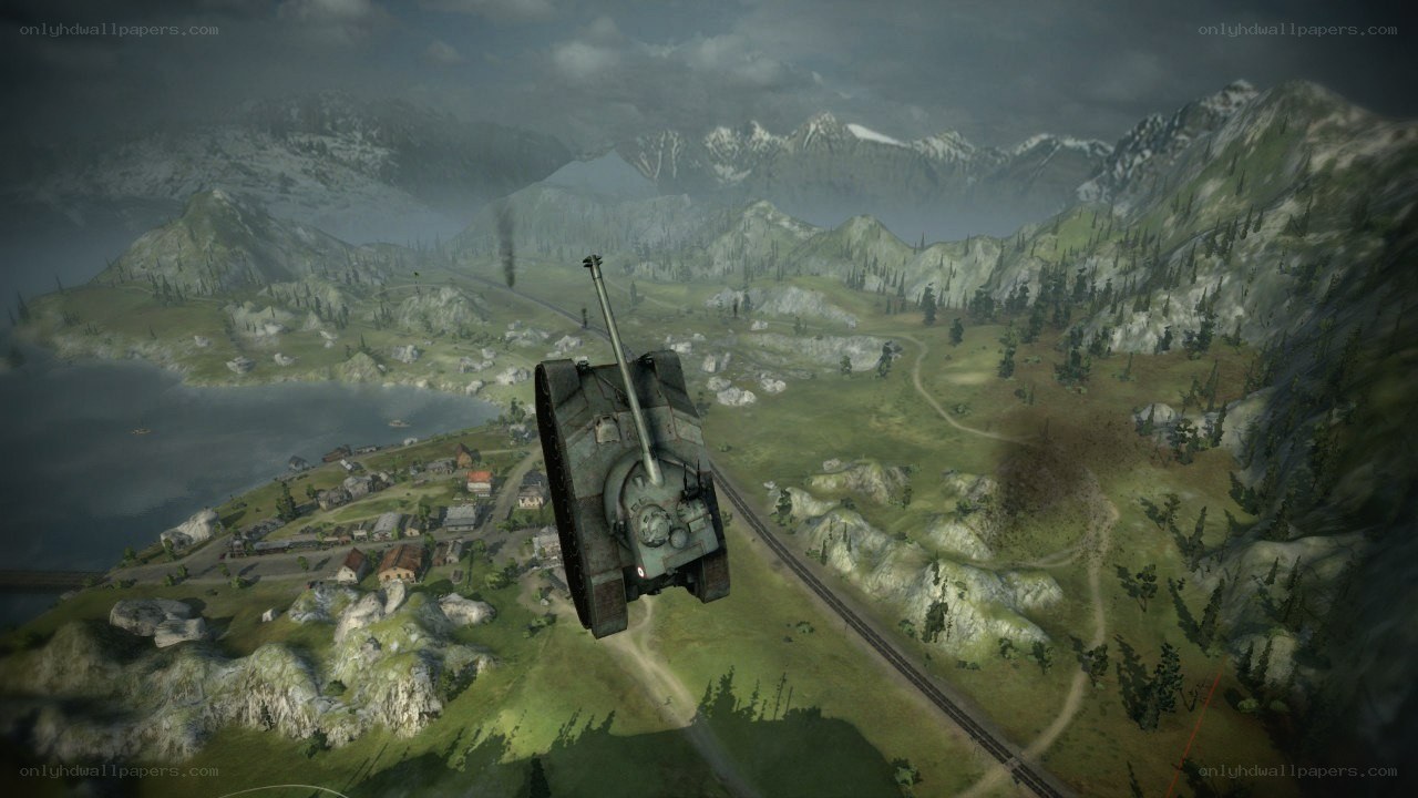 tank flying over mountain landscape