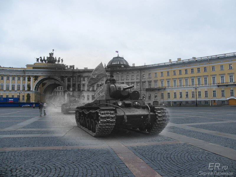 Tank in a city square