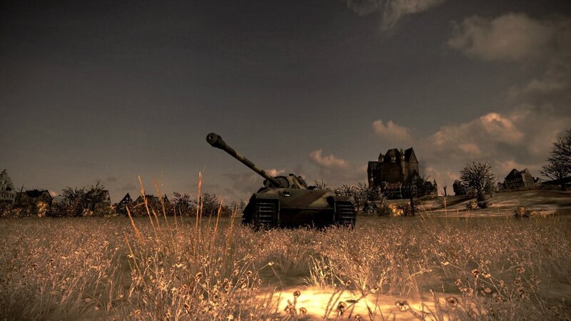 Tank in a Field — Brown, Dramatic, Sunset