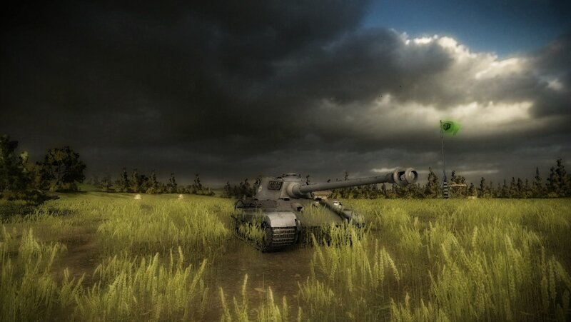Tank in a Field — Green, Dramatic, Afternoon, 3d Render, Clouds