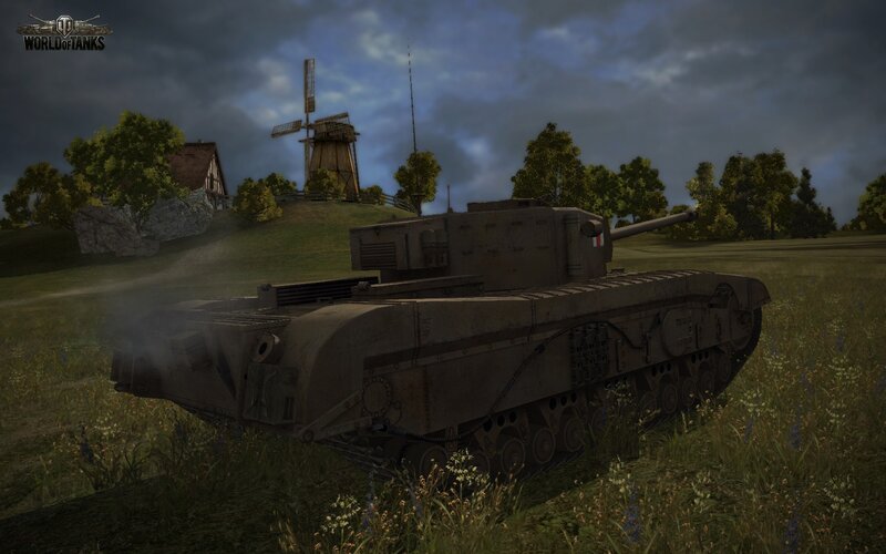 Tank in a Field — Green, Dramatic, Afternoon, 3d Render, Windmill