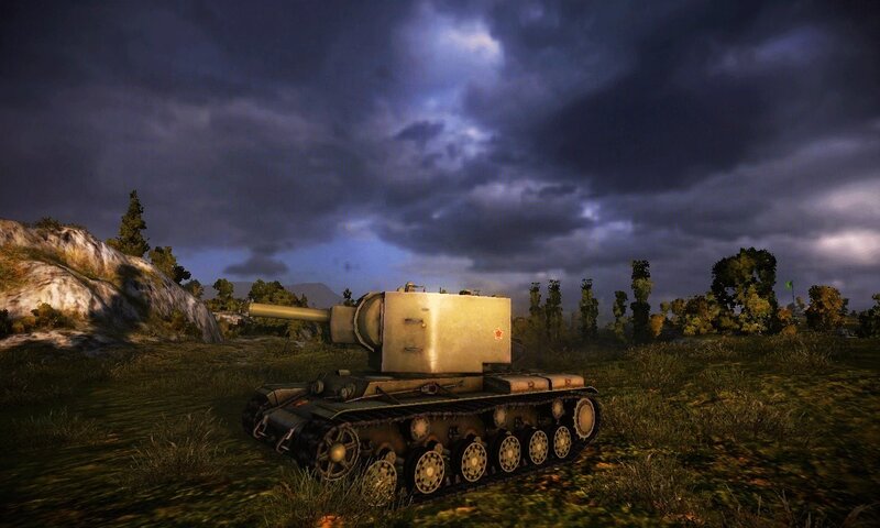 Tank in a field under stormy sky