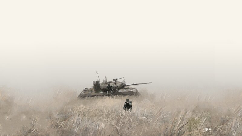 Tank in a foggy field