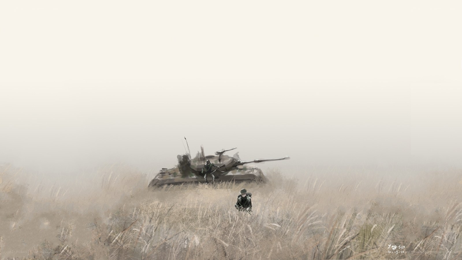Tank in a foggy field