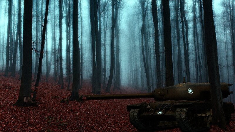 Tank in a misty forest