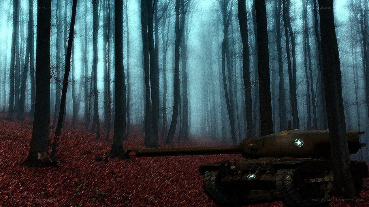 Tank in a misty forest