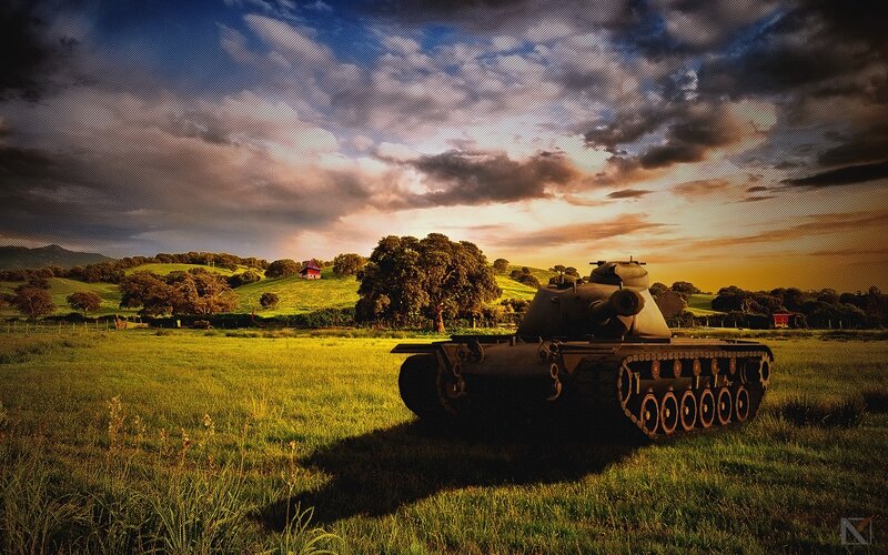 Tank in a peaceful field