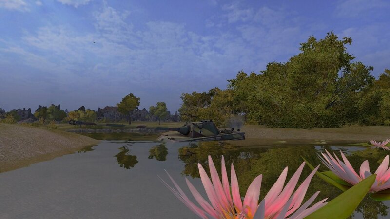 Tank in a pond with water lilies