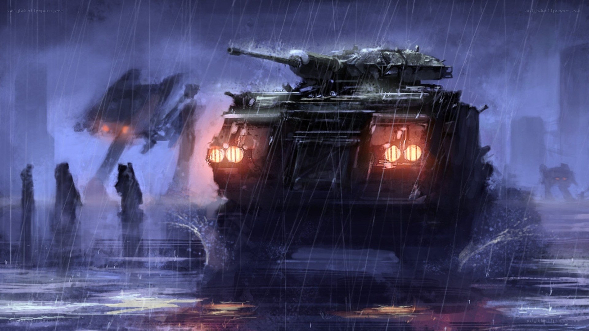 Tank in a rainy city