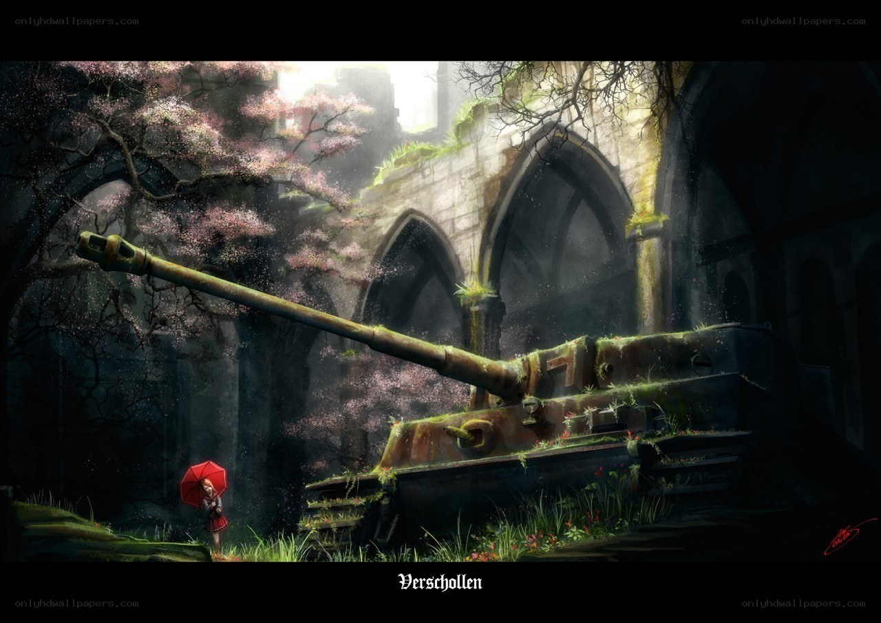 Tank in a ruined cathedral