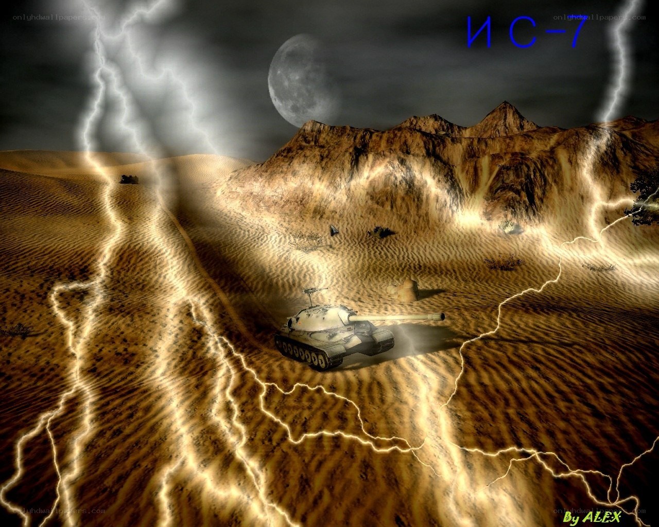 Tank in a stormy desert