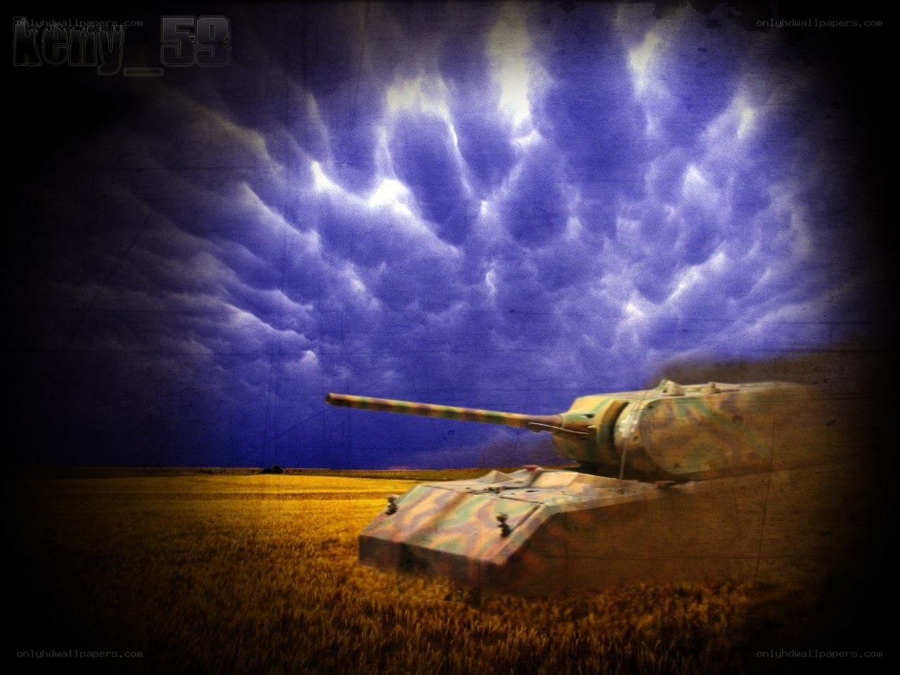 Tank in a stormy field