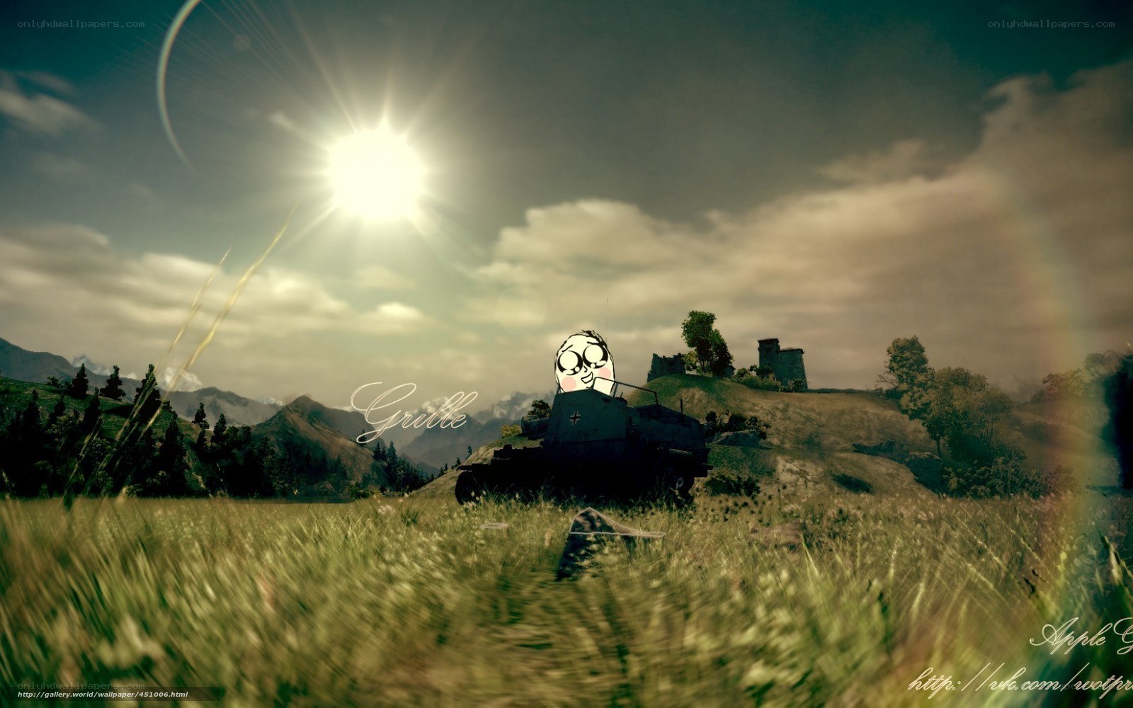Tank in a sunlit field