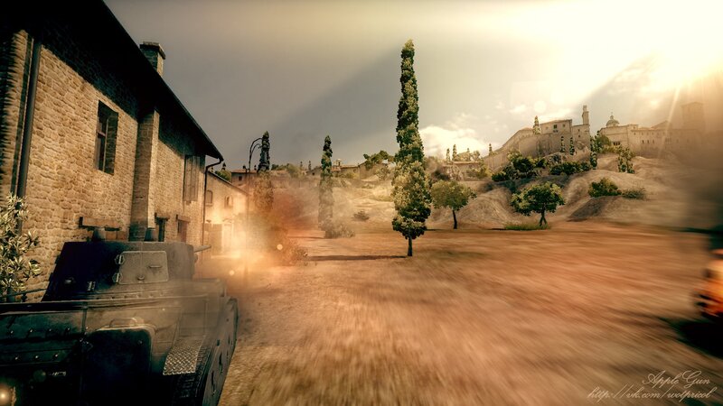 Tank in a sunlit village