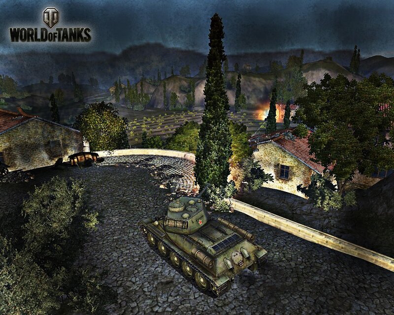 Tank in a village at dusk