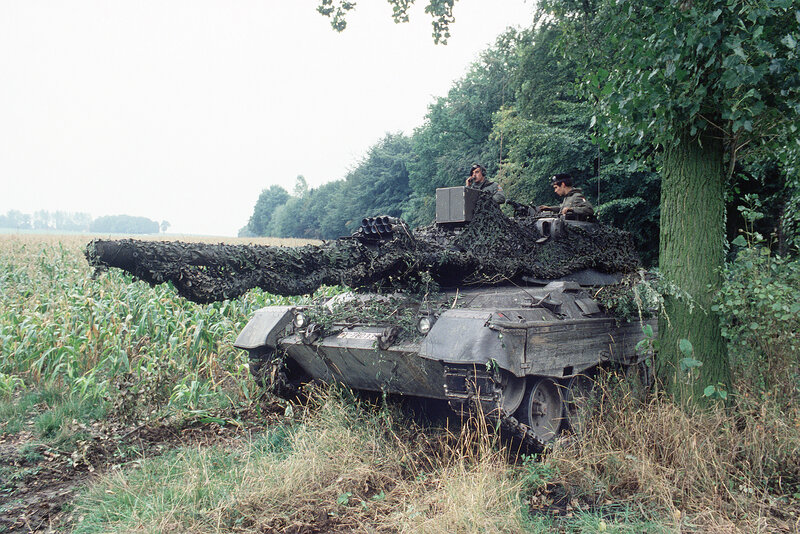 Tank in camouflage near cornfield