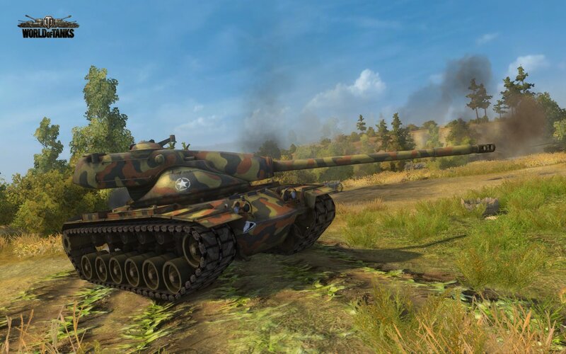 Tank in camouflage on a battlefield
