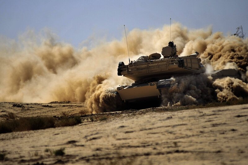 Tank in Desert — Brown, Dramatic, Afternoon, Photograph, Dust Cloud