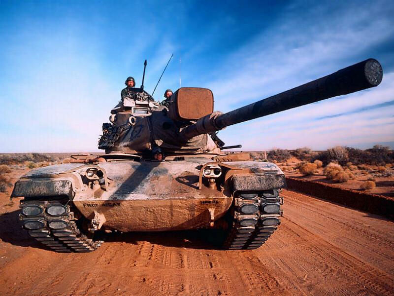 Tank in desert terrain