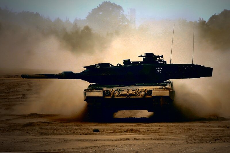 Tank in Dusty Field — Brown, Dramatic, Afternoon