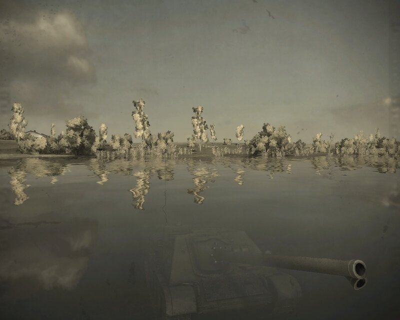 tank in flooded landscape