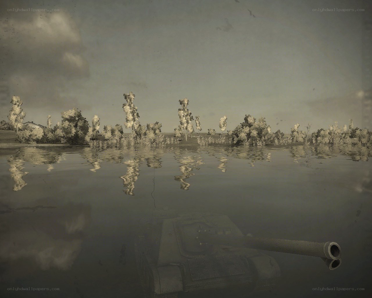 tank in flooded landscape