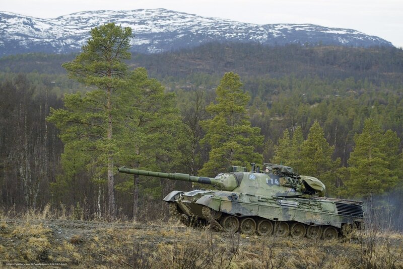 Tank in forested mountain landscape