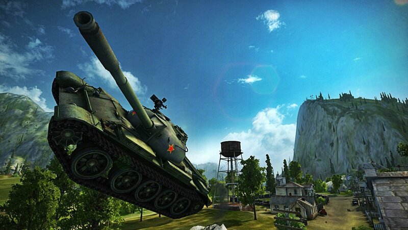 tank in mid-air over village