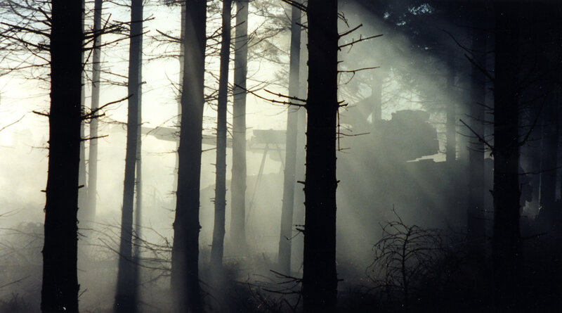 Tank in misty forest