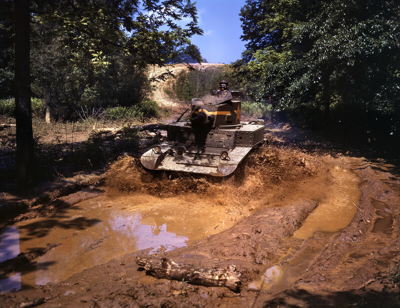 Tank in Muddy Terrain — Brown, Dramatic