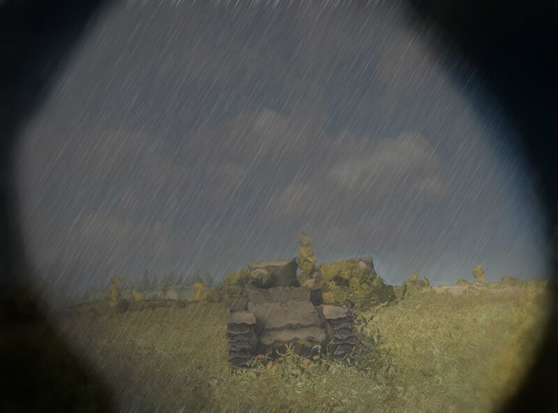 Tank in rainstorm view