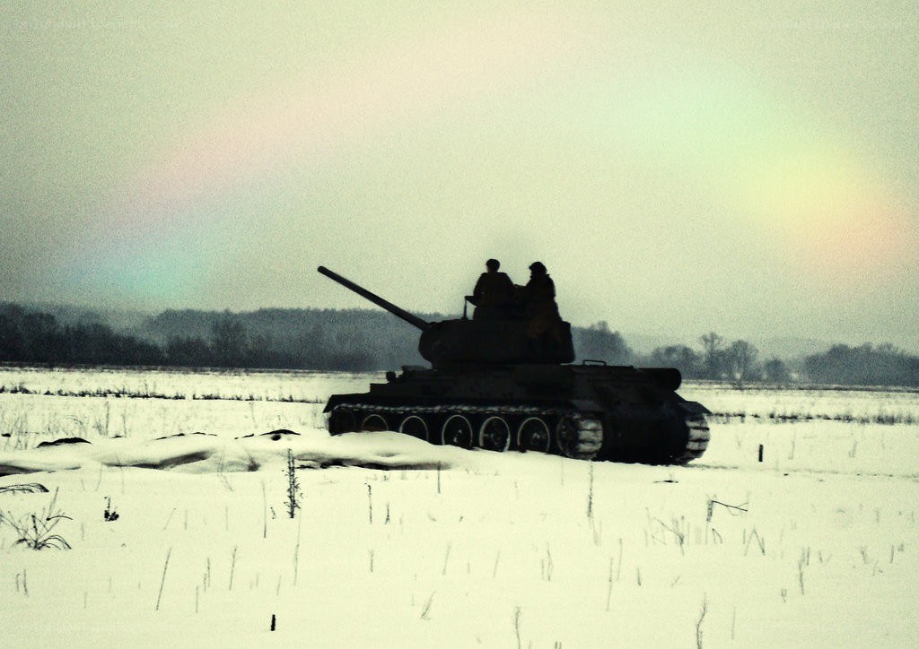 Tank in snowy field