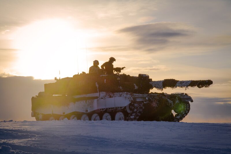 Tank in Snowy Landscape — White, Dramatic, Sunset