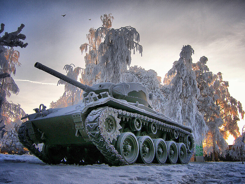 Tank in Snowy Landscape — White, Dramatic