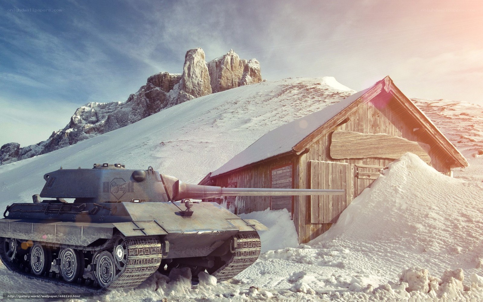 Tank in snowy mountain landscape