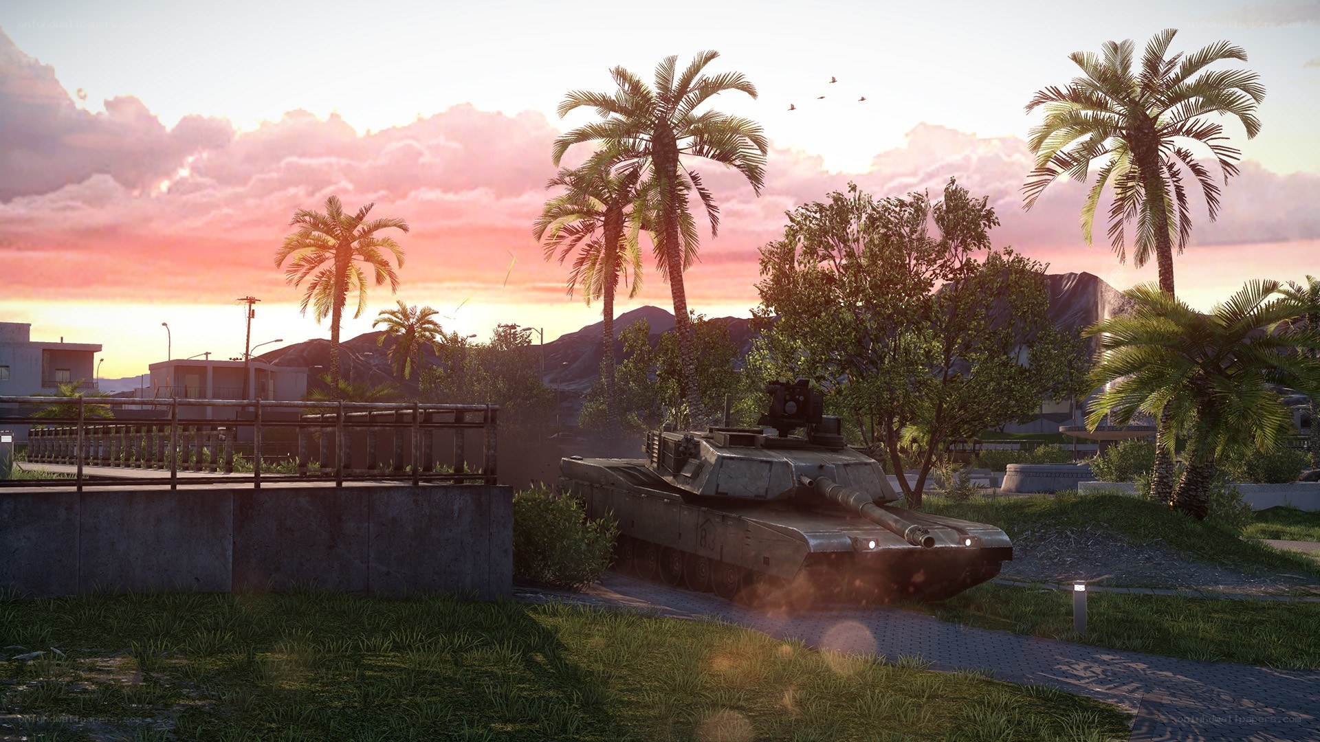 Tank in tropical setting at sunset