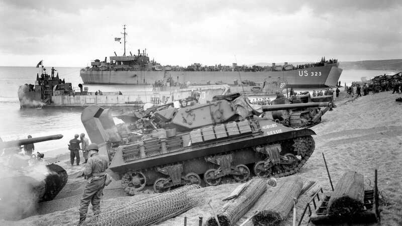 Tank landing on beach during invasion