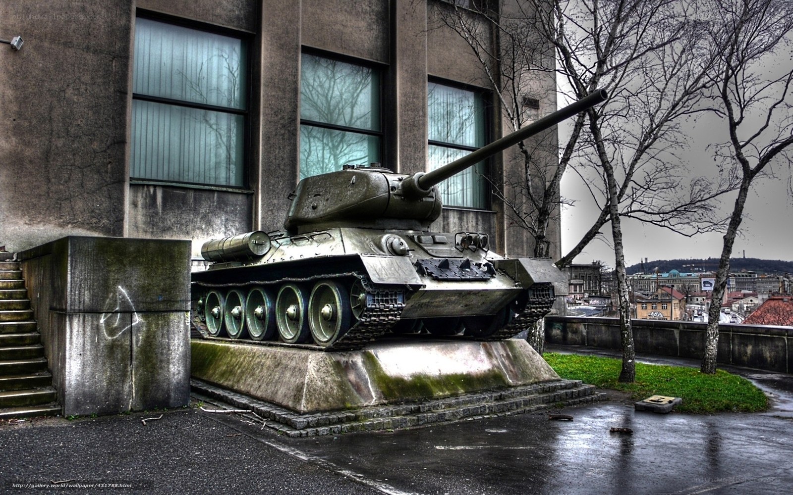 Tank monument in urban setting