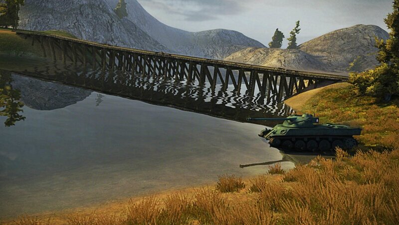 Tank near a bridge in a valley