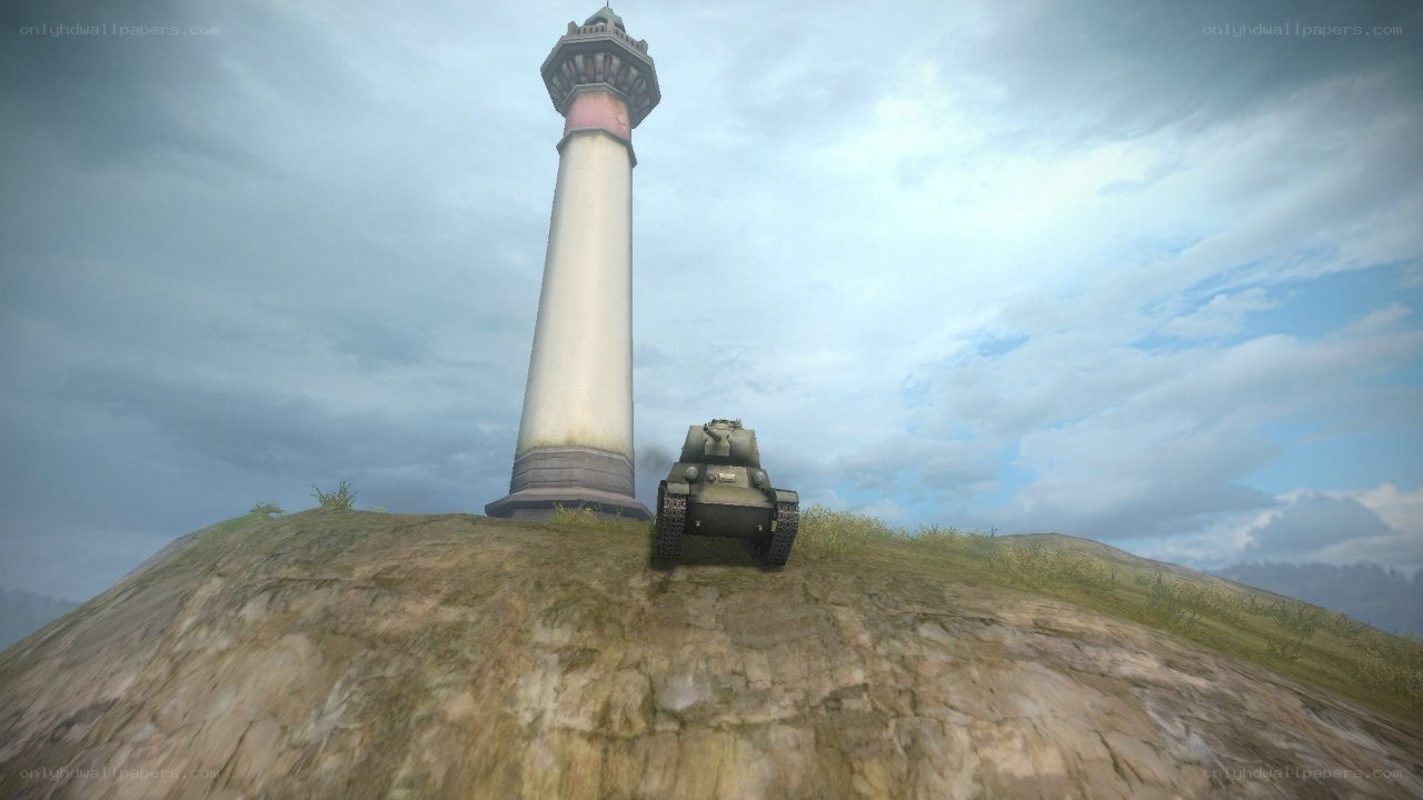 Tank near lighthouse on hill