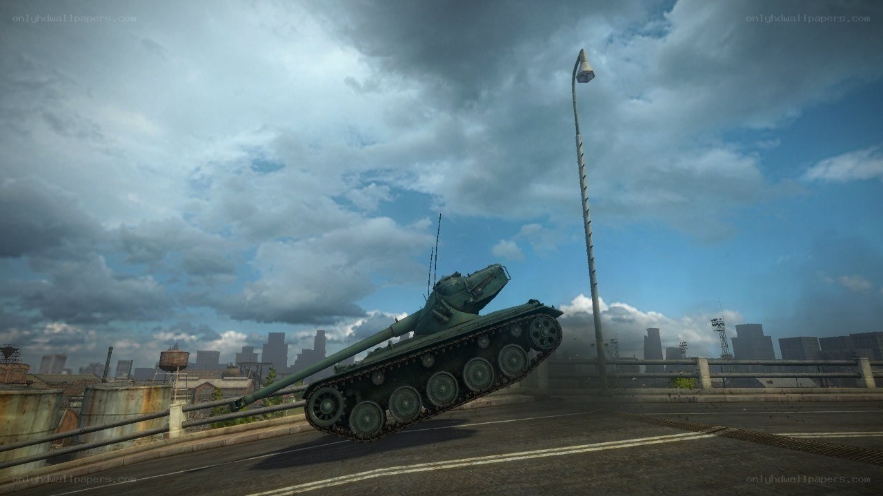 Tank on a bridge in a city