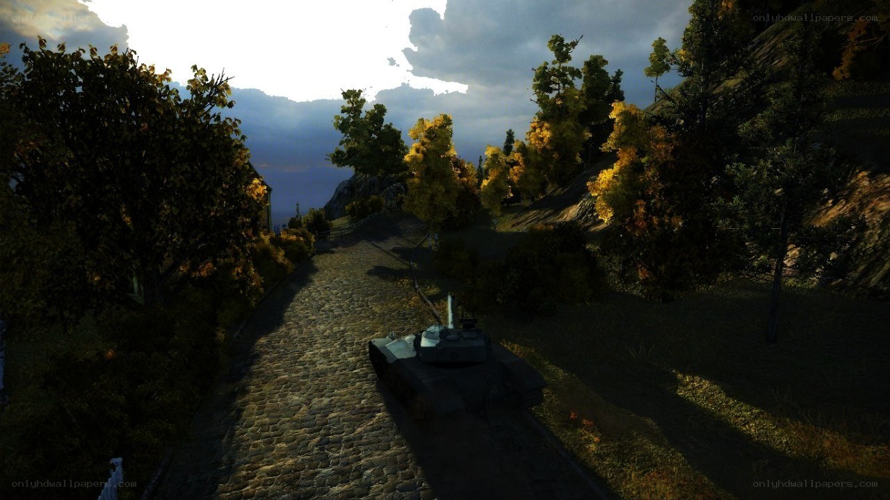 Tank on a cobblestone road