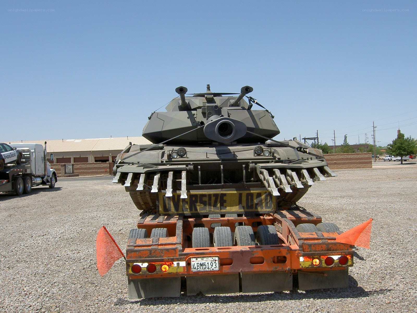 Tank on a flatbed trailer