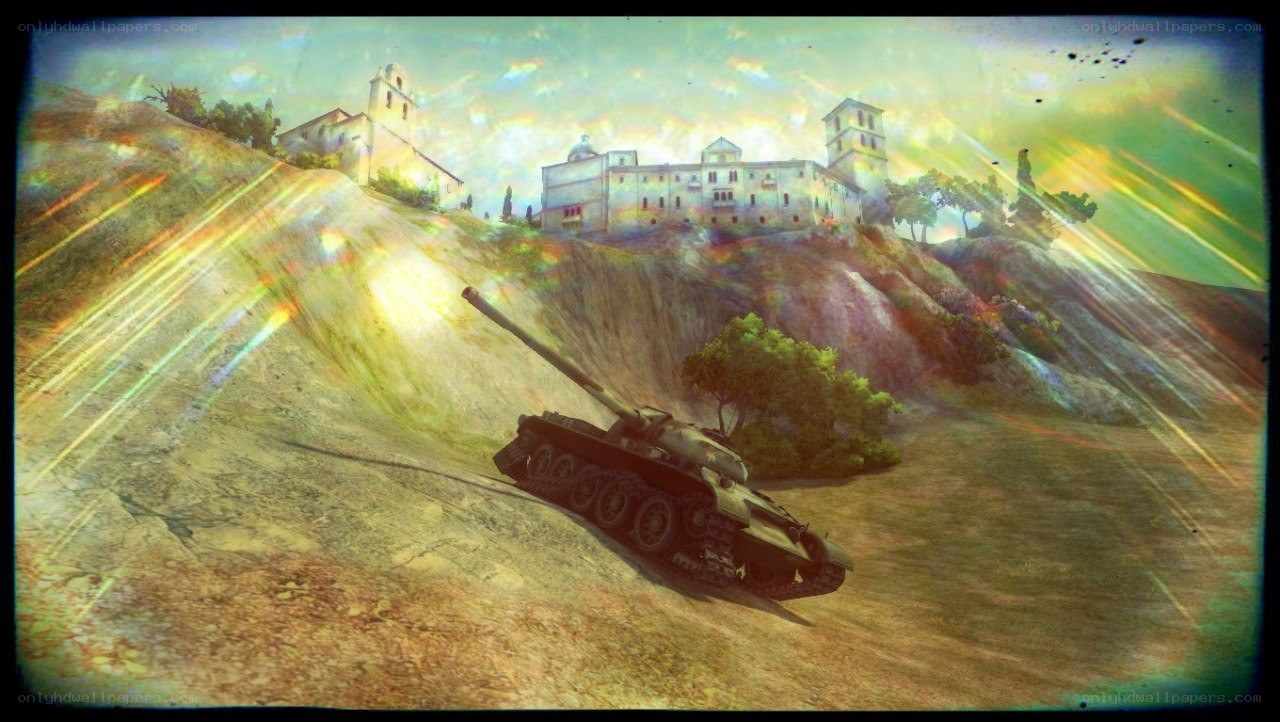 Tank on a hillside with buildings