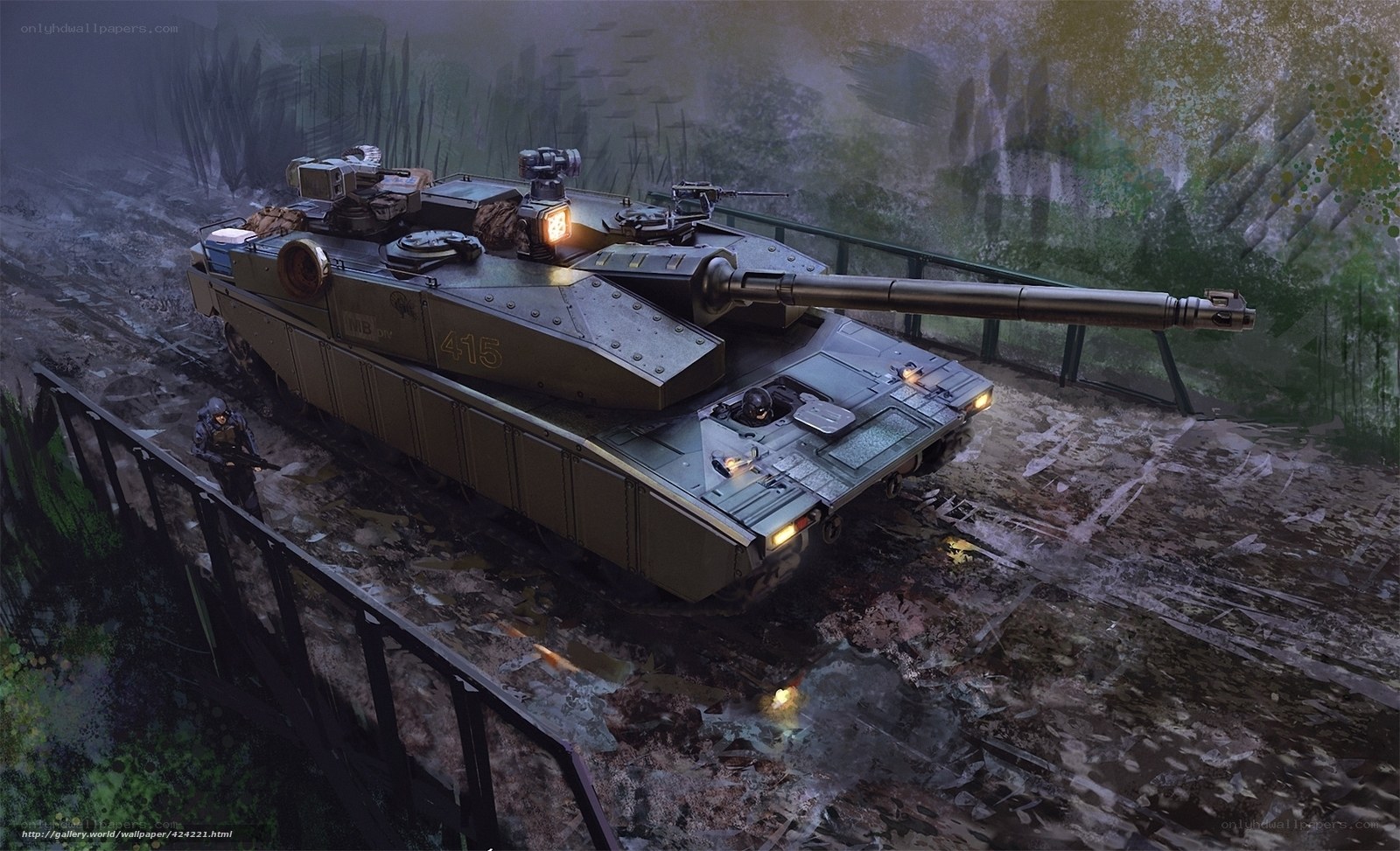 Tank on a muddy bridge