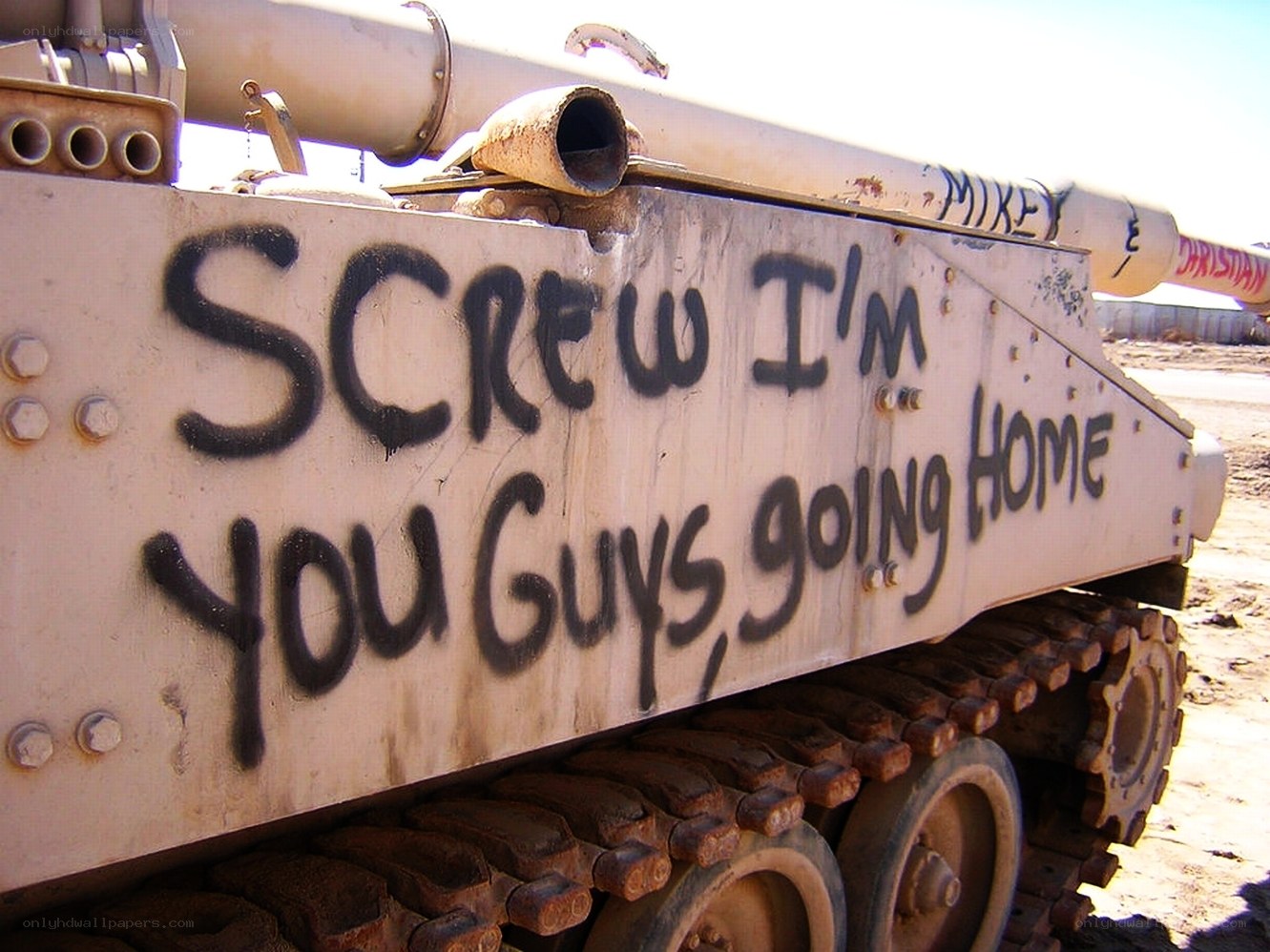 Tank with graffiti message