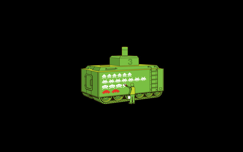 Tank with pixel art aliens